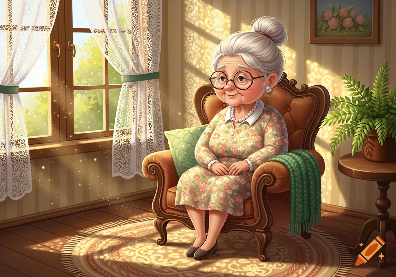Cartoon illustration of a smiling grandmother with a bun, glasses, and pearl necklace, sitting in a cozy armchair in a sunlit room.