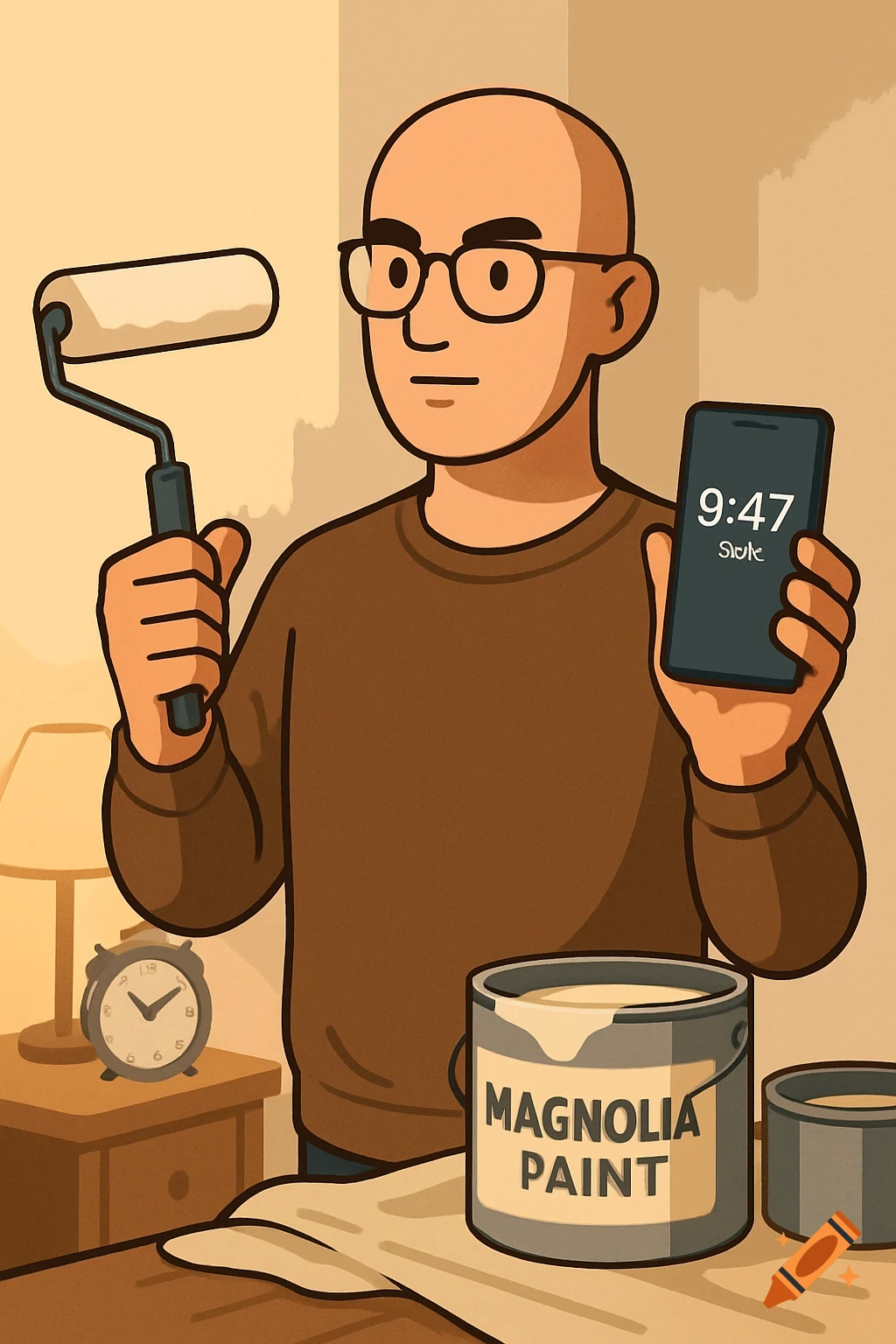 Flat cartoon illustration of a bald man with glasses holding a paint roller and a phone showing 9:47, next to a paint can.