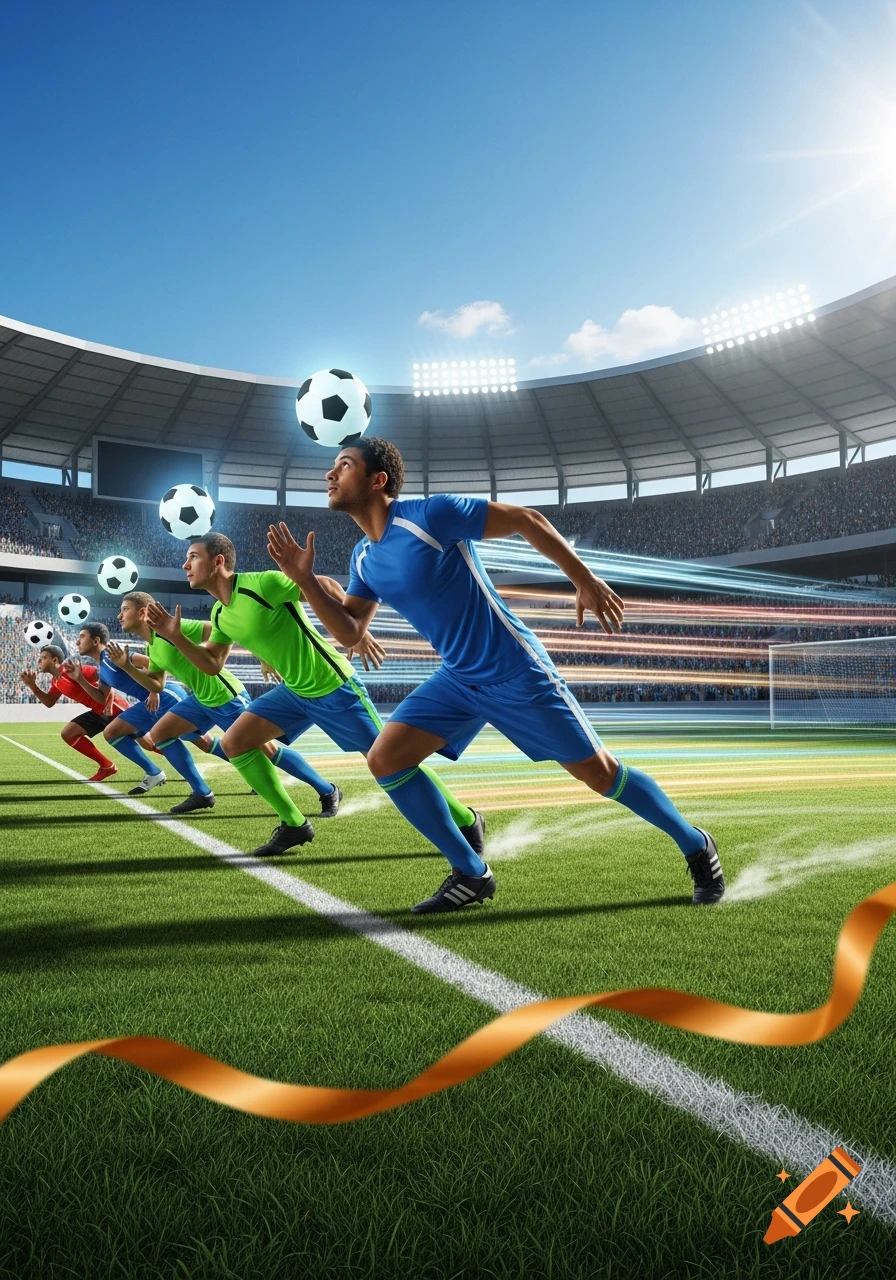 Five soccer players in blue, green, and red uniforms race across a stadium field, balancing glowing soccer balls above their heads. Photorealistic.