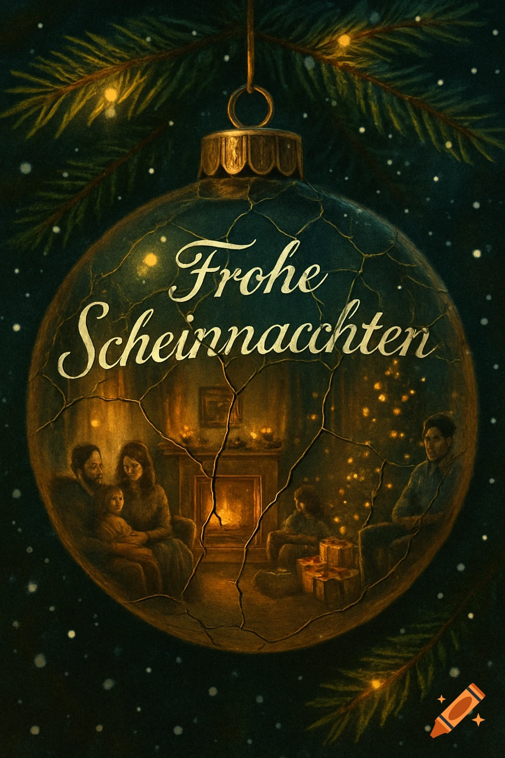 A symbolic Christmas ornament with "Frohe Scheinnachten" text. Inside, a family by a fireplace is reflected with subtle cracks suggesting discord.