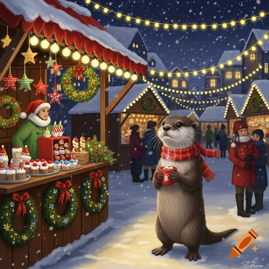 An illustrated otter in a red scarf holds a cocoa mug at a snowy Christmas market filled with glowing stalls and people.