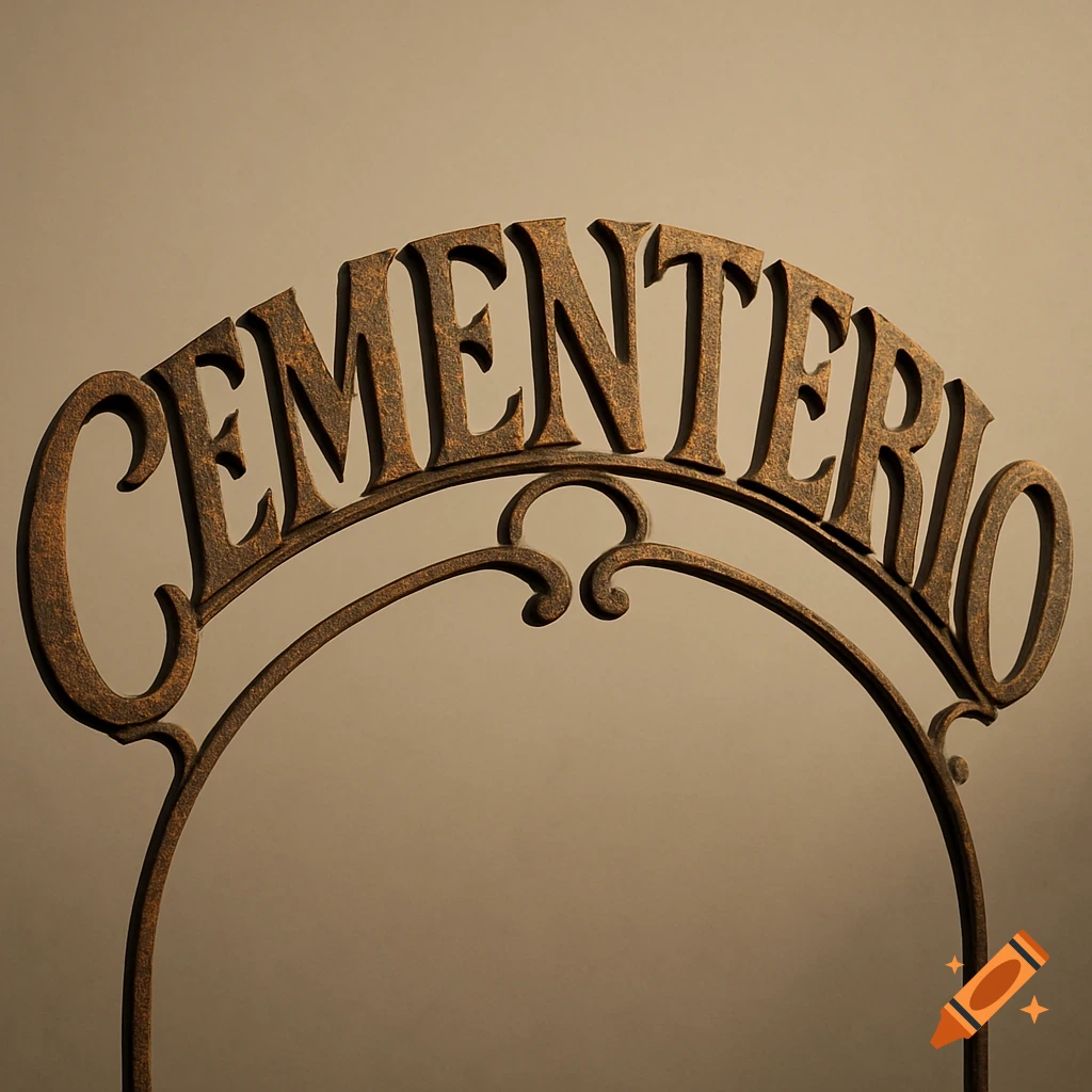 An old, rusty iron sign in an arch shape spelling 'CEMENTERIO' against a plain background.