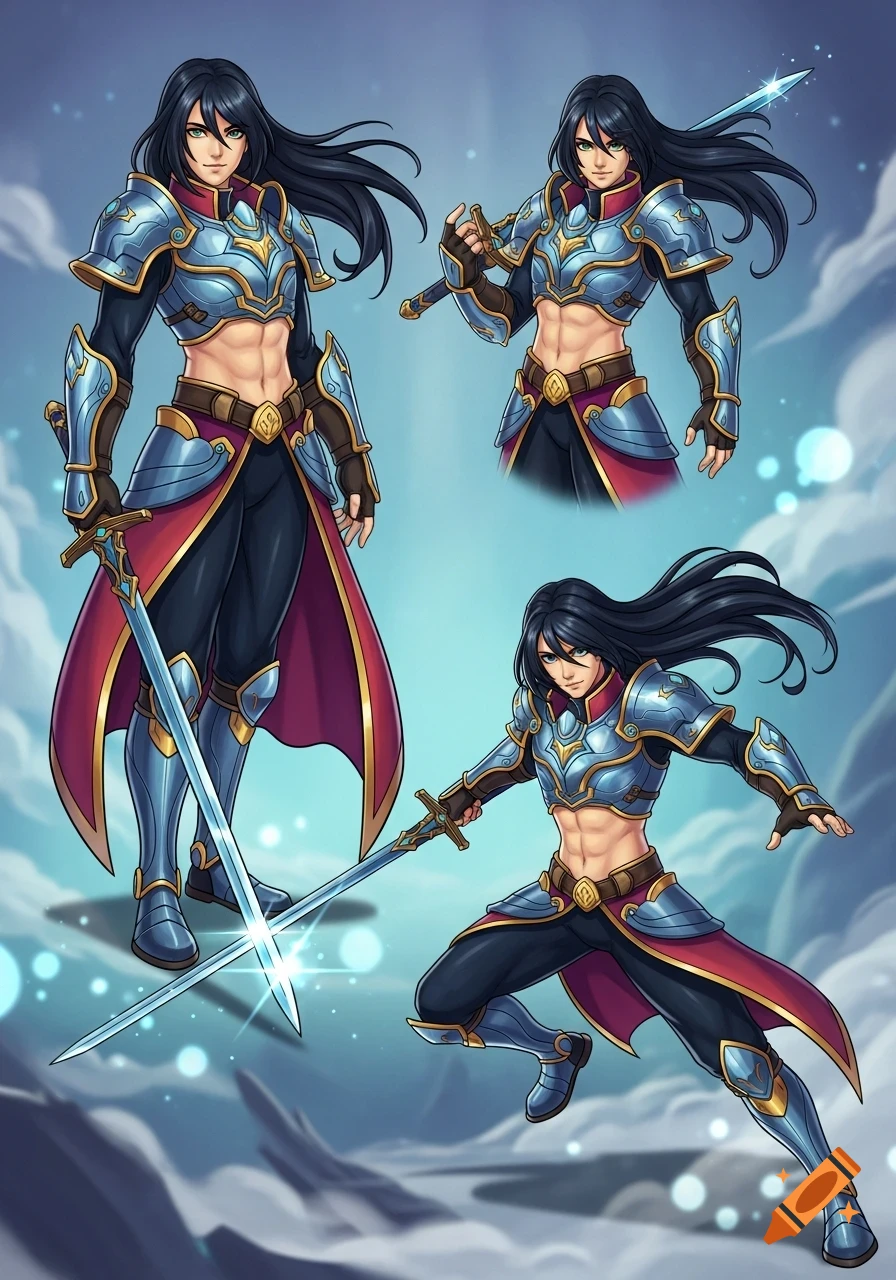 A 2D hand-drawn fantasy game character with dark hair and blue armor, shown in three different poses holding a glowing sword.