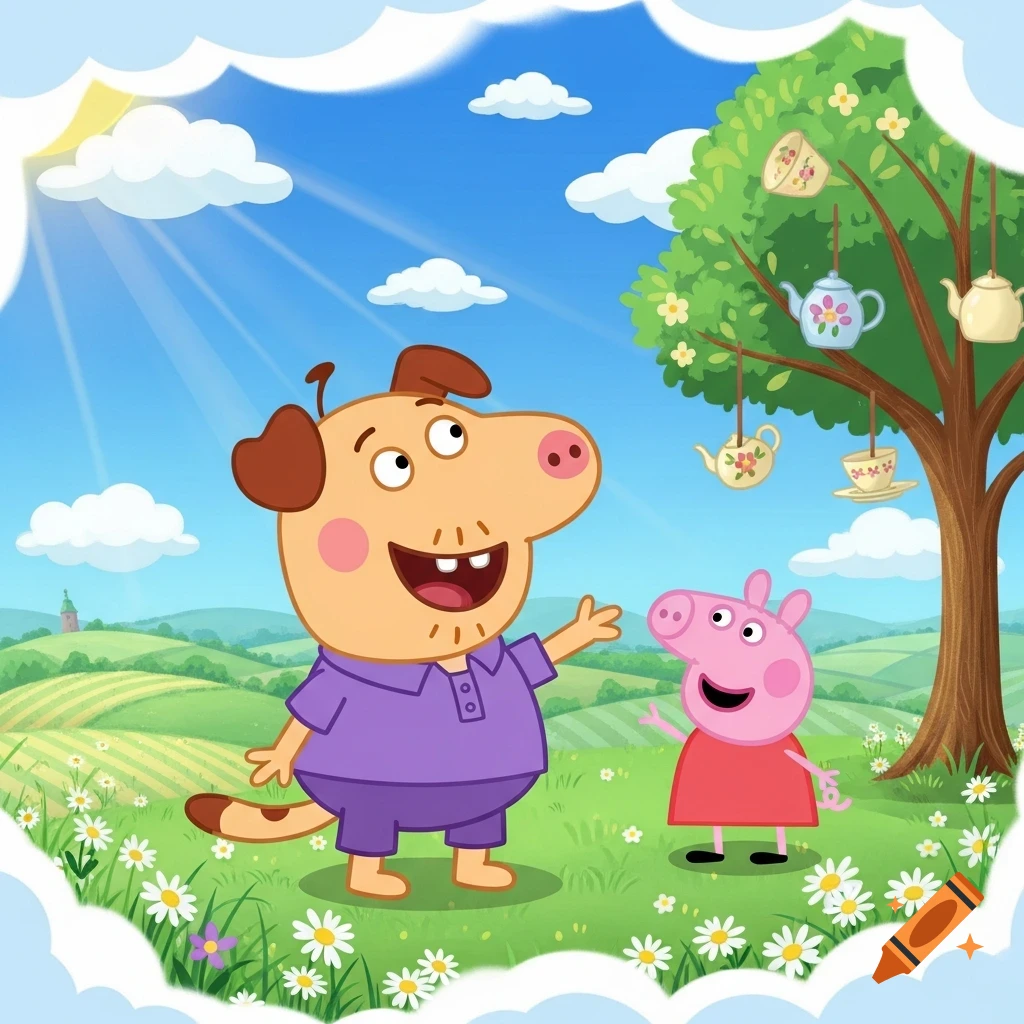 A Peppa Pig-style dog character in a purple outfit and Peppa Pig stand in a sunny green field with flowers, looking up at a tree with teacups and teapots hanging from it.