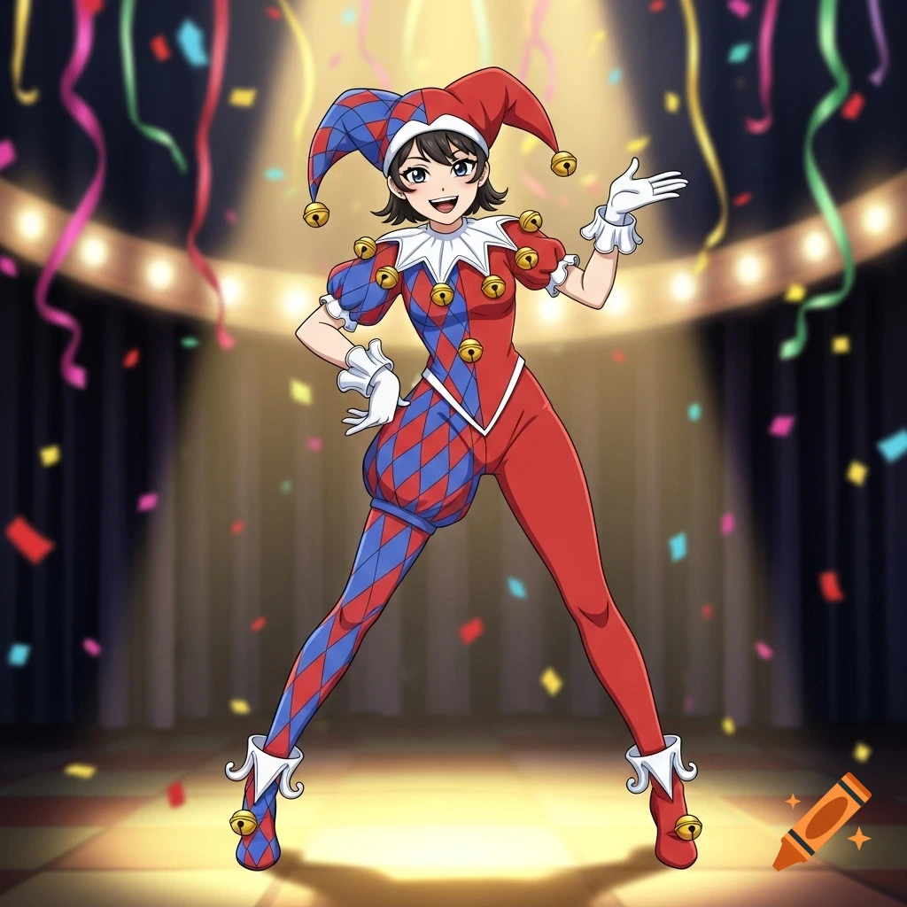 An anime jester girl in a red and blue harlequin outfit with bells, standing on a stage under a spotlight with falling confetti.