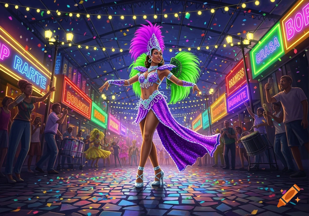 A woman in a sparkling purple and green feather carnival costume dances in a vibrant, confetti-filled street at night, flanked by neon signs and a cheering crowd.