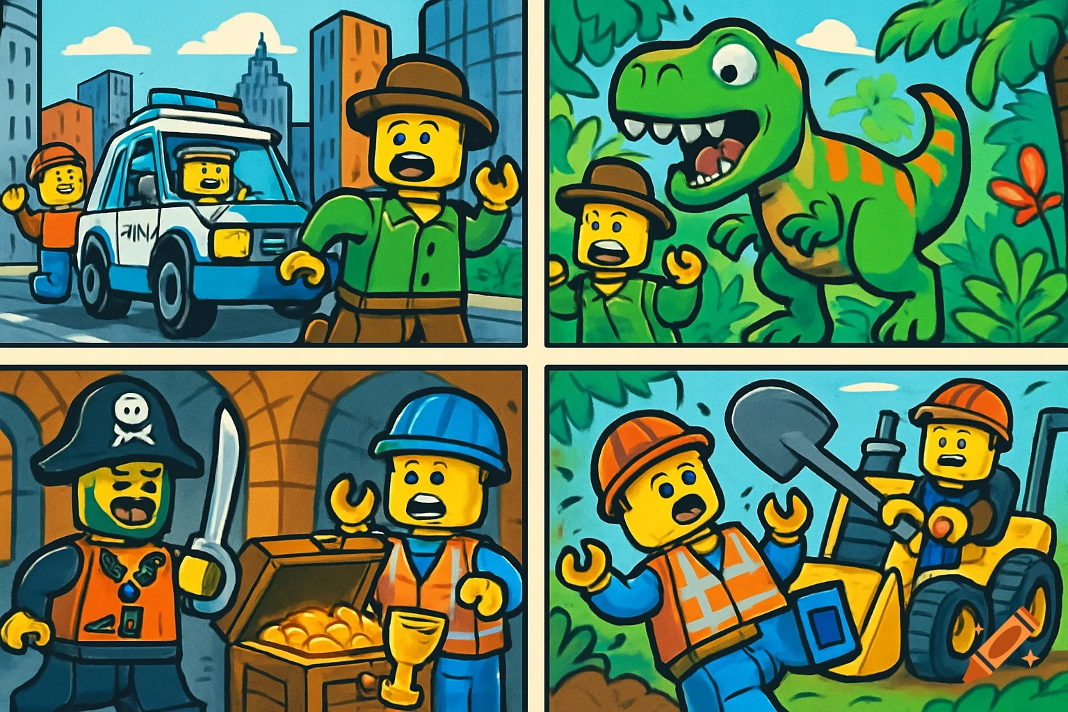 Four-panel Lego comic strip featuring police, dinosaur, pirate treasure, and construction adventure scenes in a colorful cartoon style.