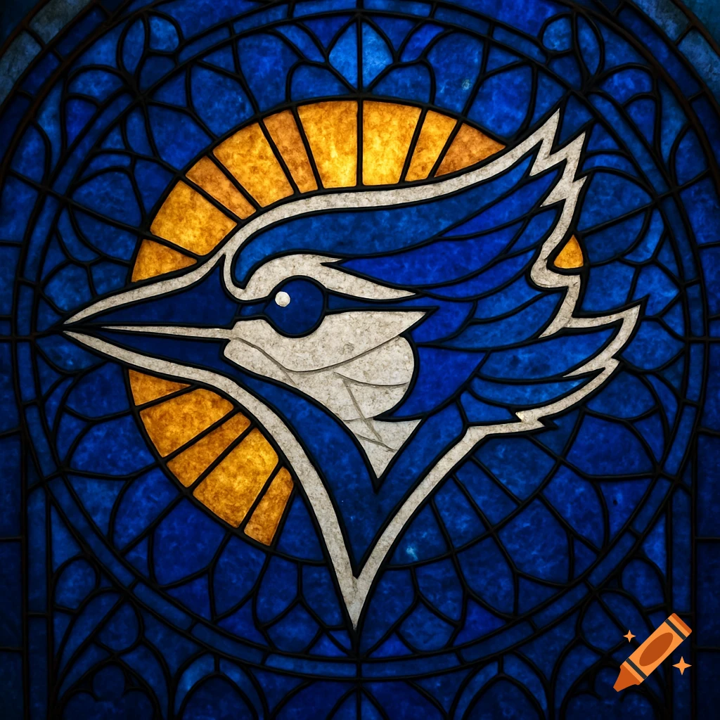 A vibrant stained glass logo depicting a blue and white blue jay head with a yellow sunburst background.