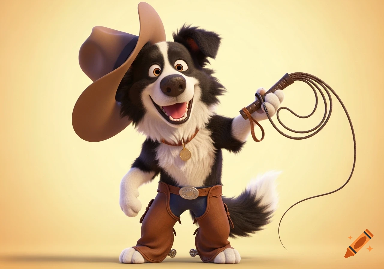 A happy, smiling Pixar-style 3D cartoon Border Collie dressed as a cowboy, wearing a hat and chaps, holding a whip.