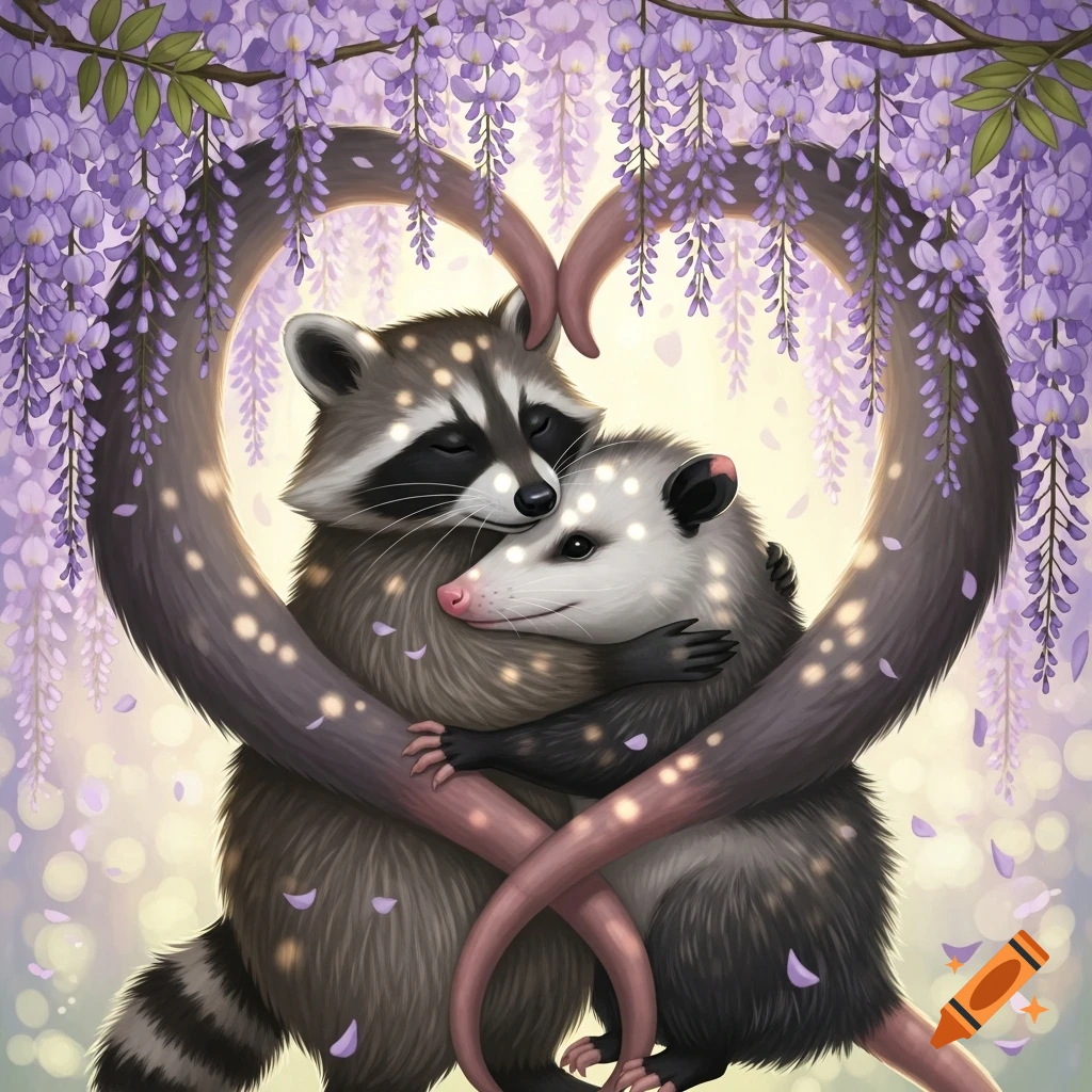 Stylized illustration of a raccoon and an opossum hugging, forming a heart shape with their bodies under purple wisteria vines with a bokeh background.