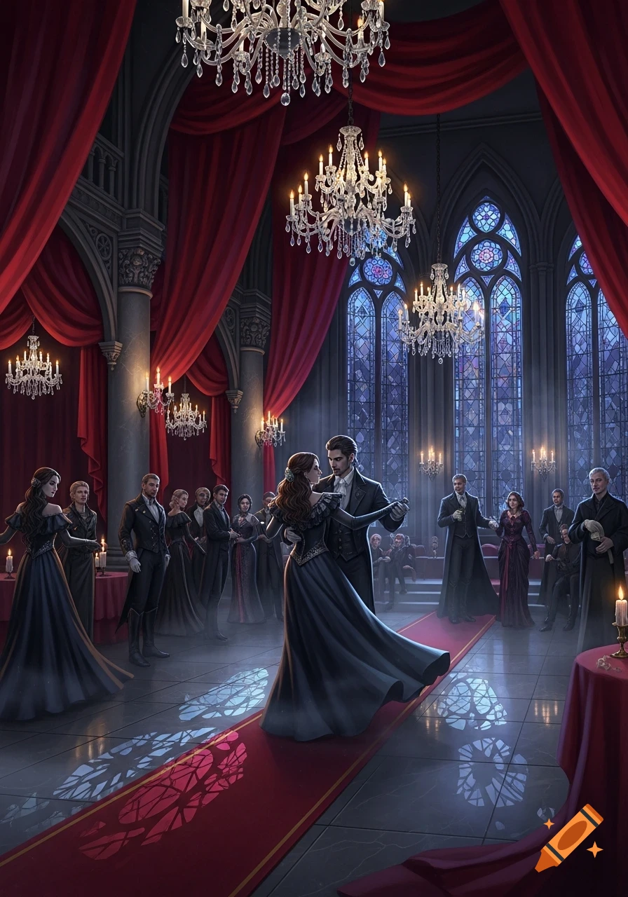 A couple in formal attire dances in a grand gothic ballroom illuminated by chandeliers, with red drapes and stained-glass windows.