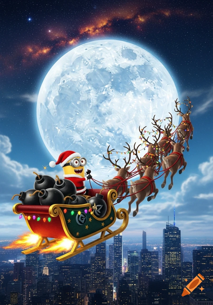 A Minion dressed as Santa flies in a bomb-filled sleigh pulled by reindeer above a city skyline, with a huge full moon and starry sky in the background.
