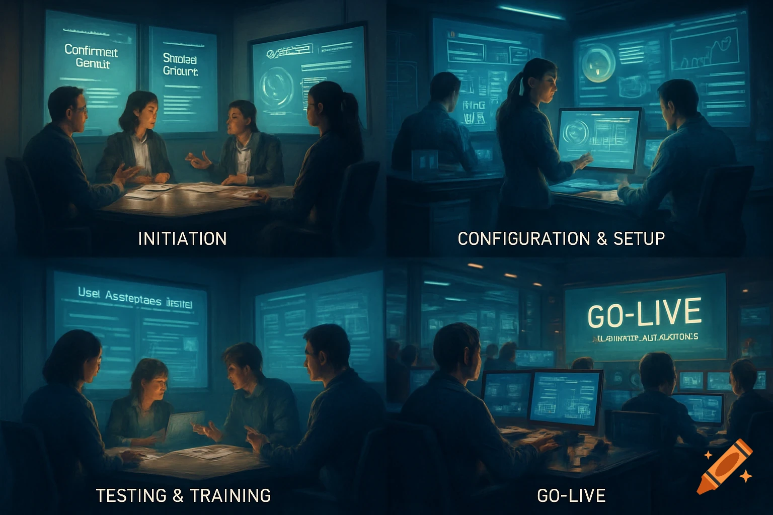 Project Initialization Setup A four-panel image depicting different phases of a technology project ...