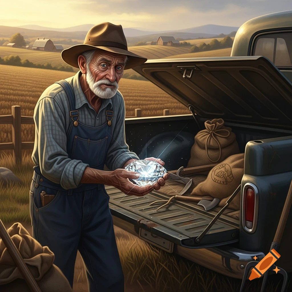 An old farmer in overalls and a hat holds a large sparkling diamond while standing next to the open tailgate of a pickup truck in a sunny farm field.