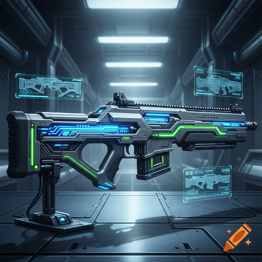Futuristic rifle with glowing blue and green accents on a stand, surrounded by holographic displays in a sci-fi setting.