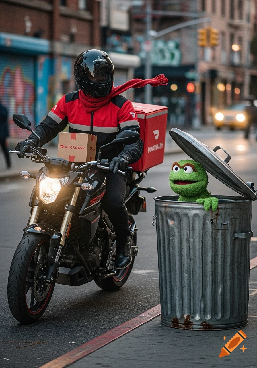 Photorealistic image of a DoorDash driver on a motorcycle, looking at Oscar the Grouch peeking from a trash can on a city street.