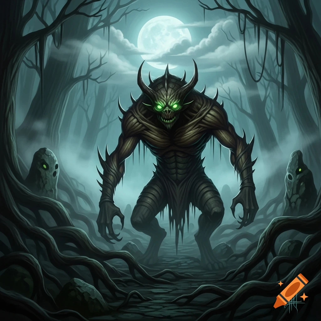 Dark fantasy art of a monstrous horned creature with glowing green eyes ...