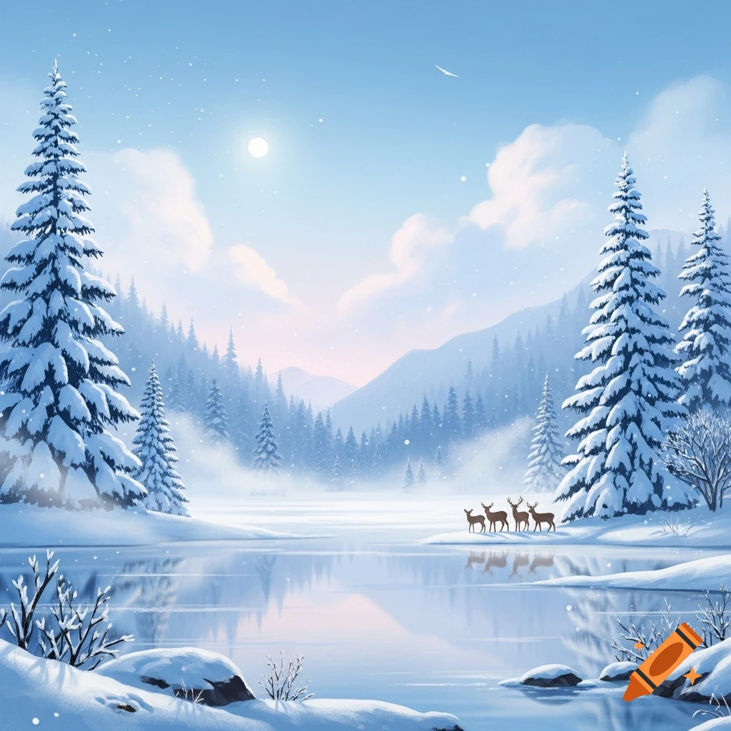An illustrated winter wonderland scene with snow-covered pine trees, a frozen lake, and three deer on the bank under a bright moon.