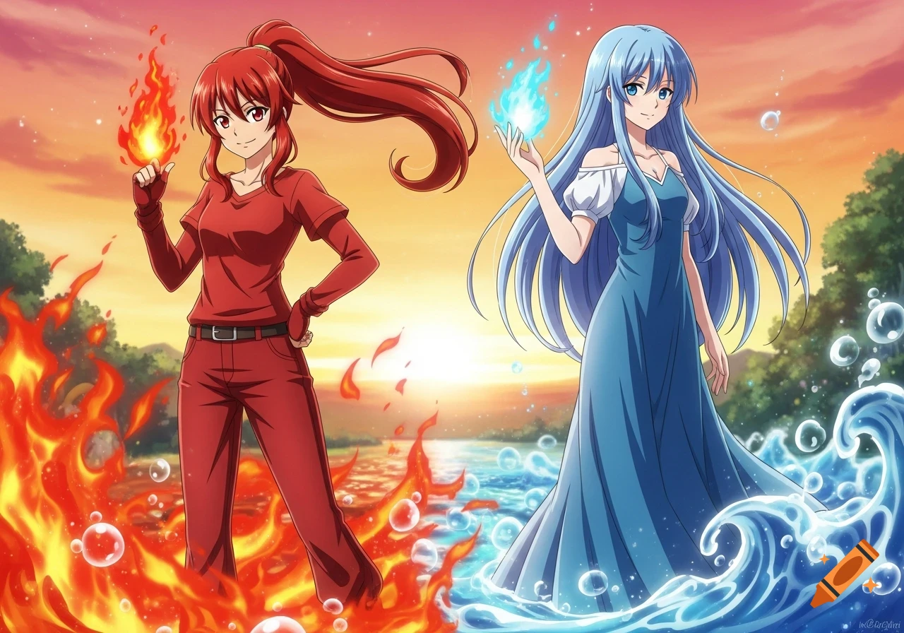 Two anime girls, a red-haired fire princess in red and a blue-haired water princess in blue, stand under a sunset sky.