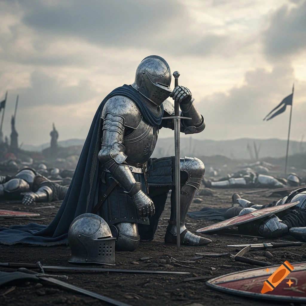 A lone knight in full armor kneels, resting his hand on his sword in a desolate battlefield scattered with fallen warriors, under a cloudy sky.