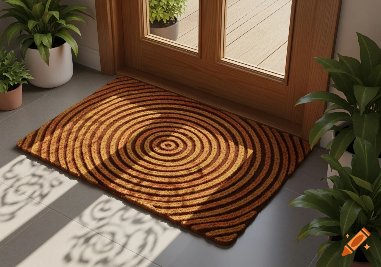 A close-up shot of a round, brown and orange coiled doormat placed in front of a wooden door, flanked by potted green plants.