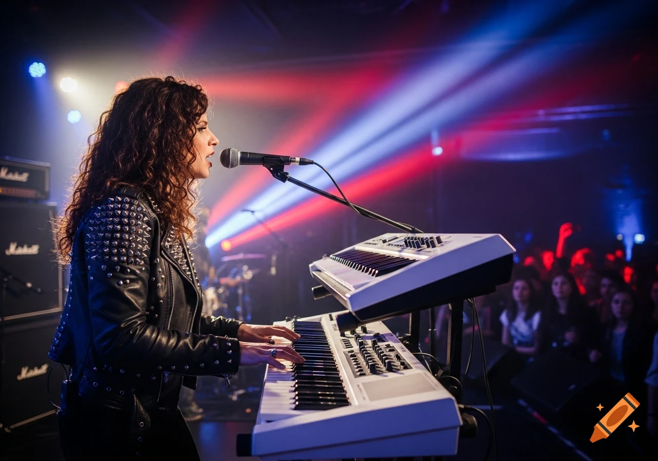 A woman with long curly hair playing a white keyboard and singing into a microphone on stage during a rock concert, with red and blue lights.
