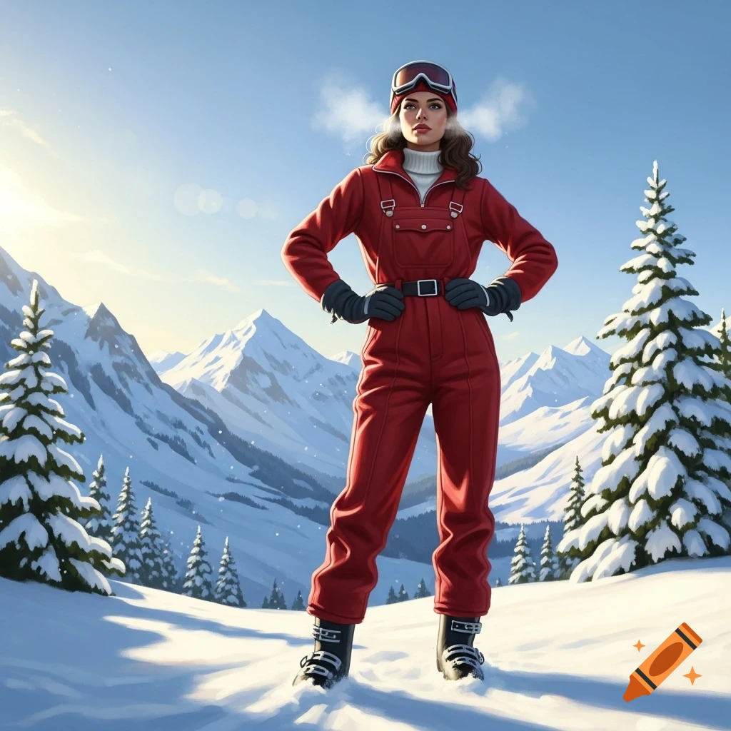 A woman in a red ski suit, goggles, and gloves stands in a snowy mountain landscape with pine trees.