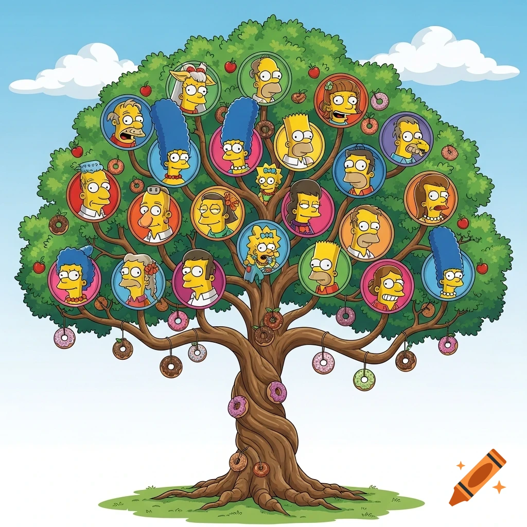 A cartoon illustration of The Simpsons family tree, featuring various characters from the show in circular portraits on a leafy green tree.