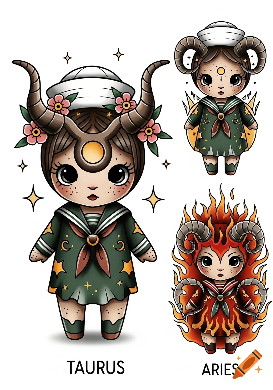 Traditional American tattoo style illustration of cutie dolls representing Taurus and Aries zodiac signs, with text labels.