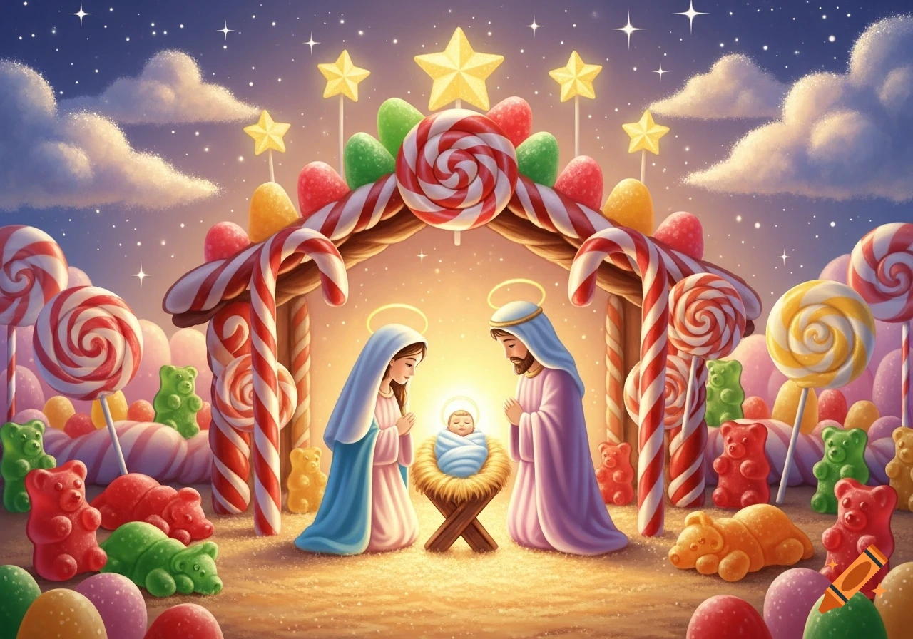 Colorful cartoon nativity scene with Mary, Joseph, and baby Jesus in a ...