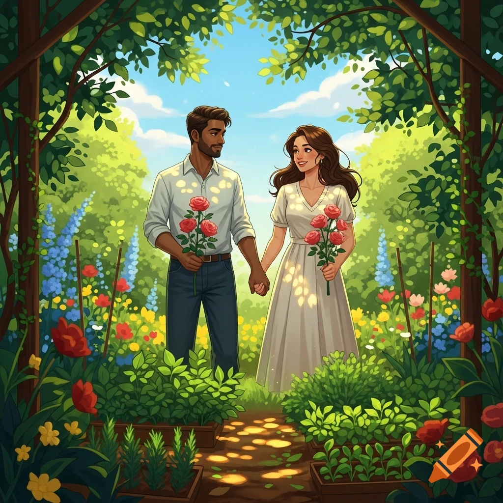 An illustration of a man and woman holding hands and roses, smiling in ...