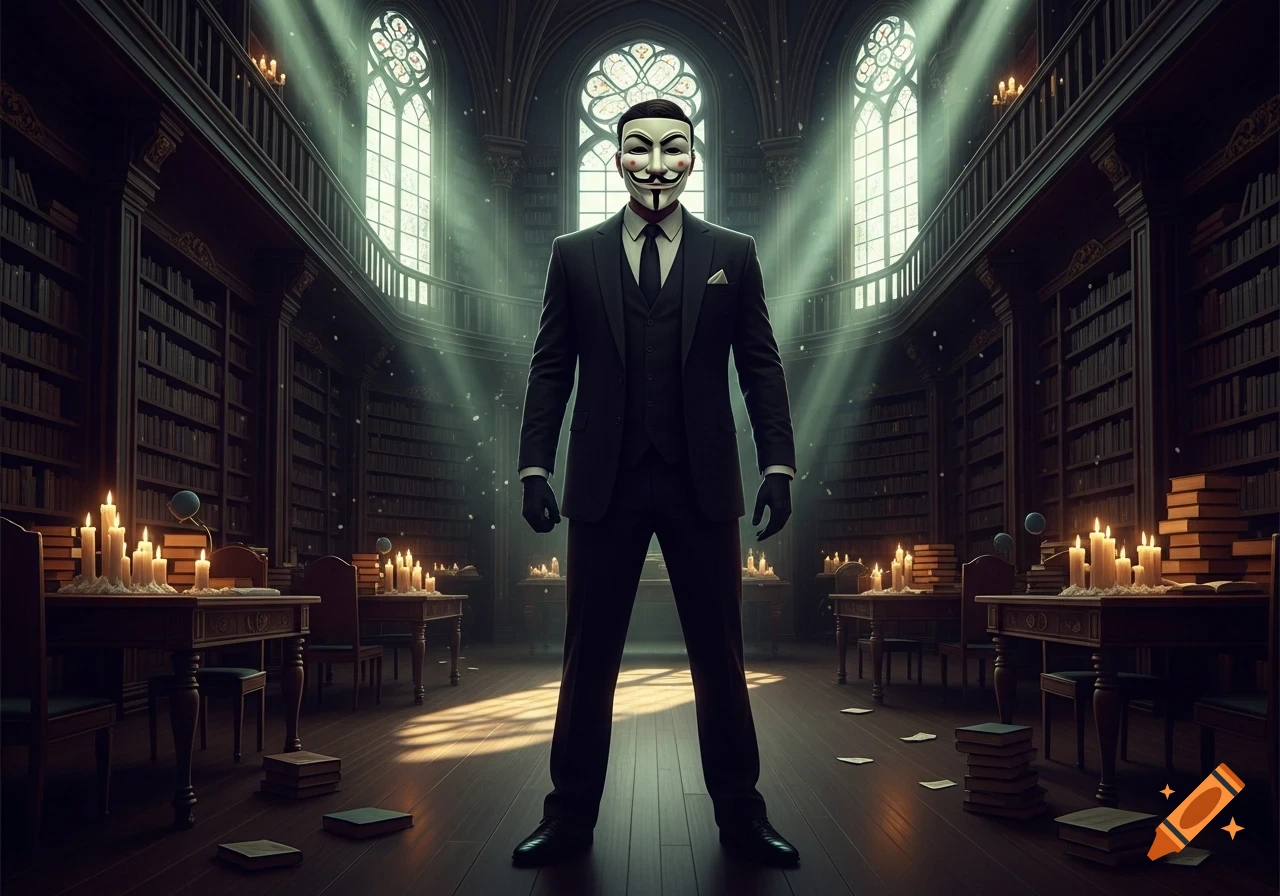 A man in a black suit and Guy Fawkes mask stands in a grand, dimly lit gothic library with tall windows and many candles.