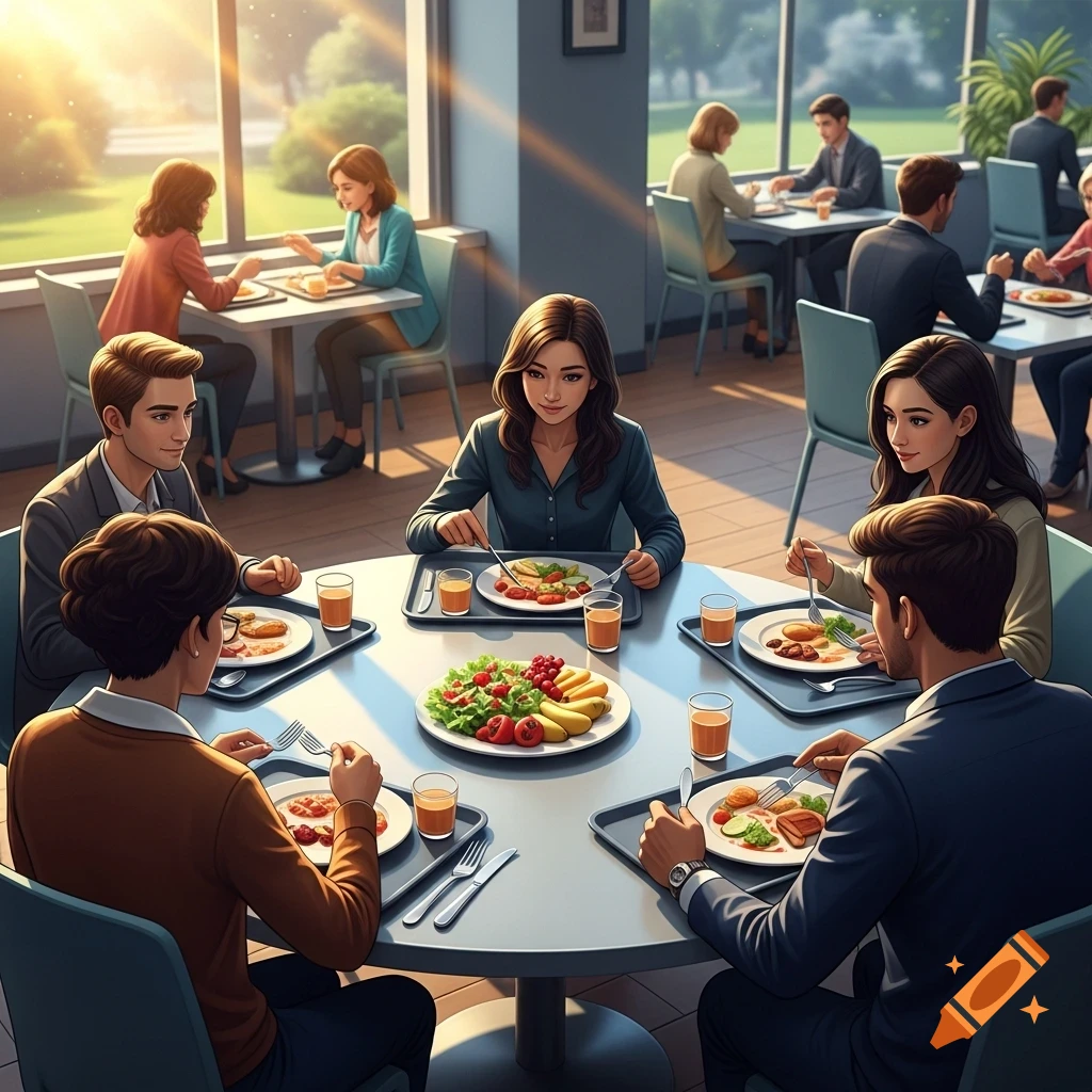 People in business attire eating lunch at tables in a bright cafeteria.