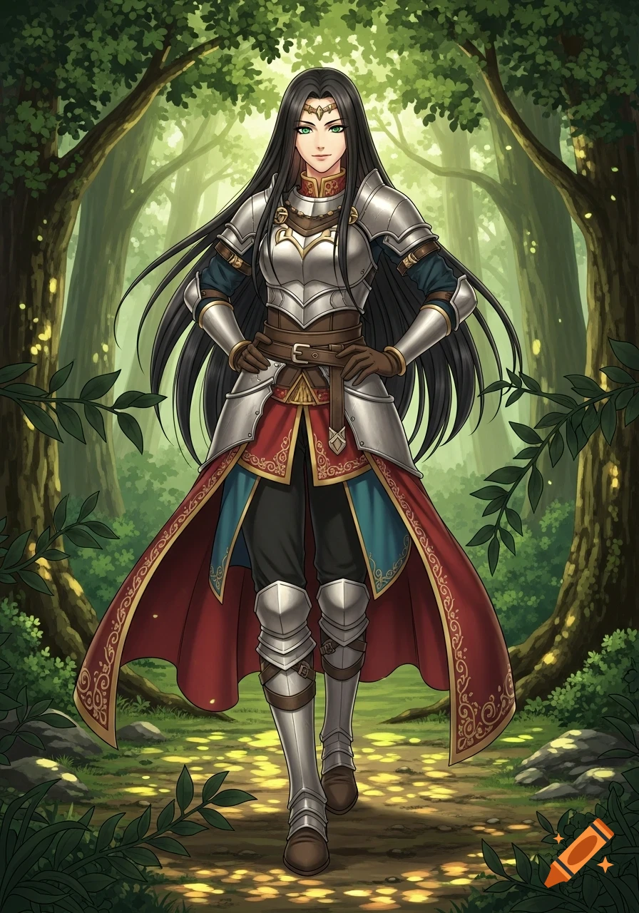 A female knight with long dark hair and green eyes, wearing silver full plate armor and a red tunic, stands in a sunlit forest. Anime style.