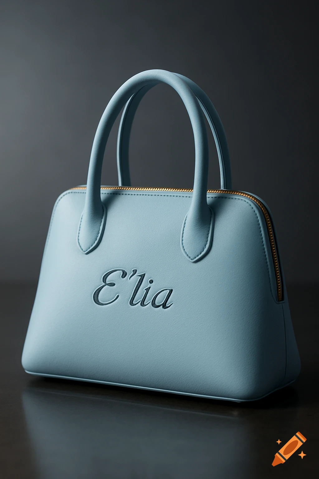 A light blue handbag with two handles, a gold zipper, and 'E'lia' embossed on the front, against a dark background.