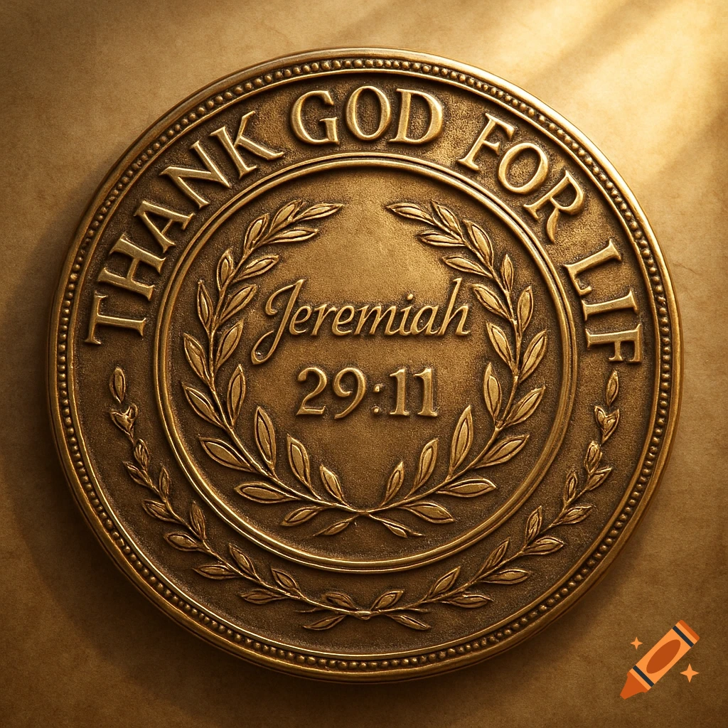 A detailed bronze medallion featuring "THANK GOD FOR LIFE" in a circle and "Jeremiah 29:11" within a wreath.