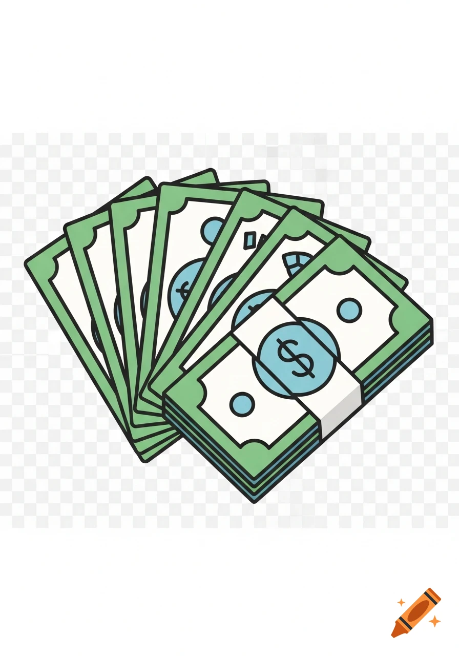 Stylized clipart illustration of fanned out and stacked green dollar bills on a transparent background.