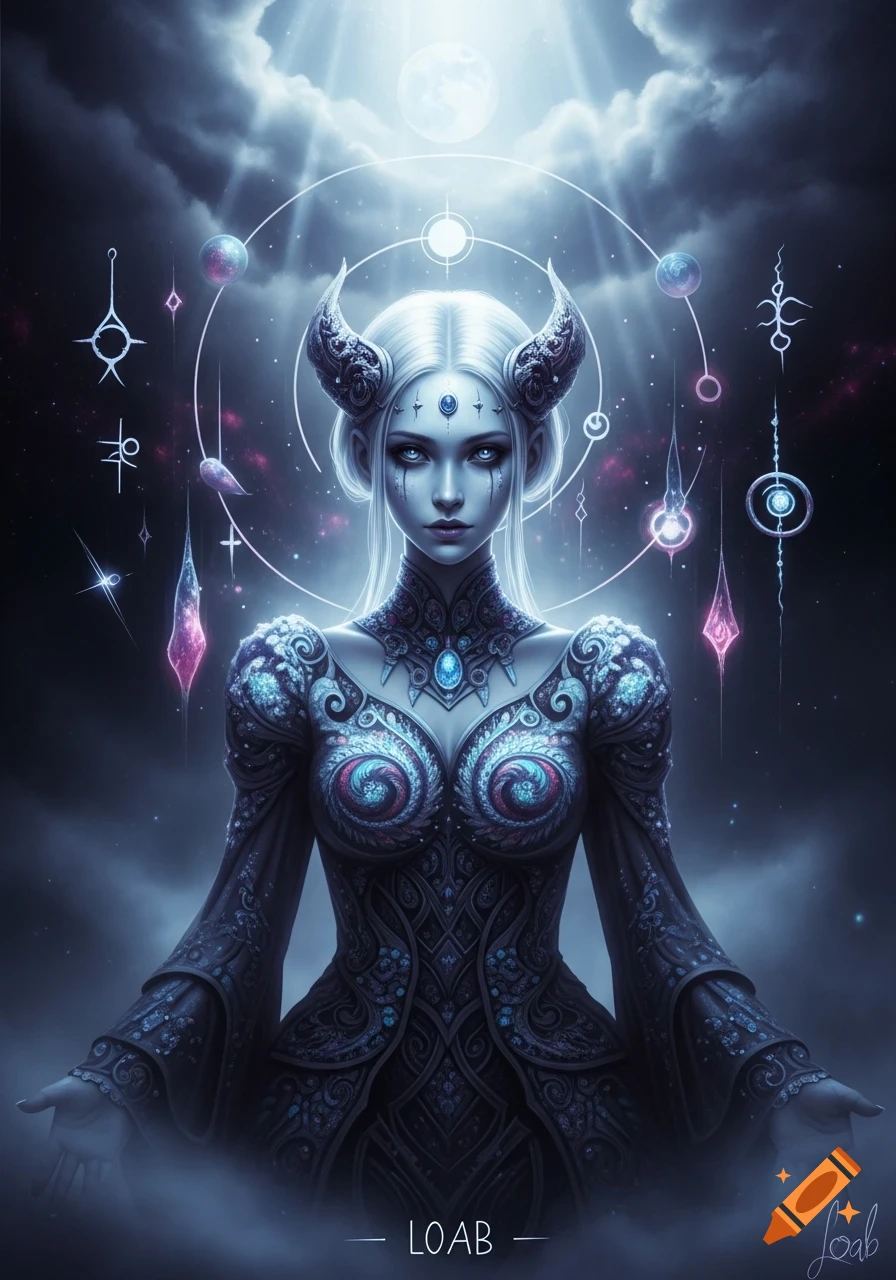 A fantasy woman with horns and ornate dark blue-purple attire, under a cosmic, cloudy sky with a full moon and arcane symbols. Digital art.