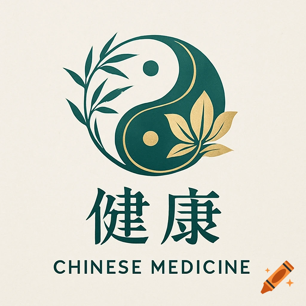 A logo for Chinese medicine featuring a green and gold Yin-Yang symbol with bamboo and leaves, above Chinese characters and 'CHINESE MEDICINE'.