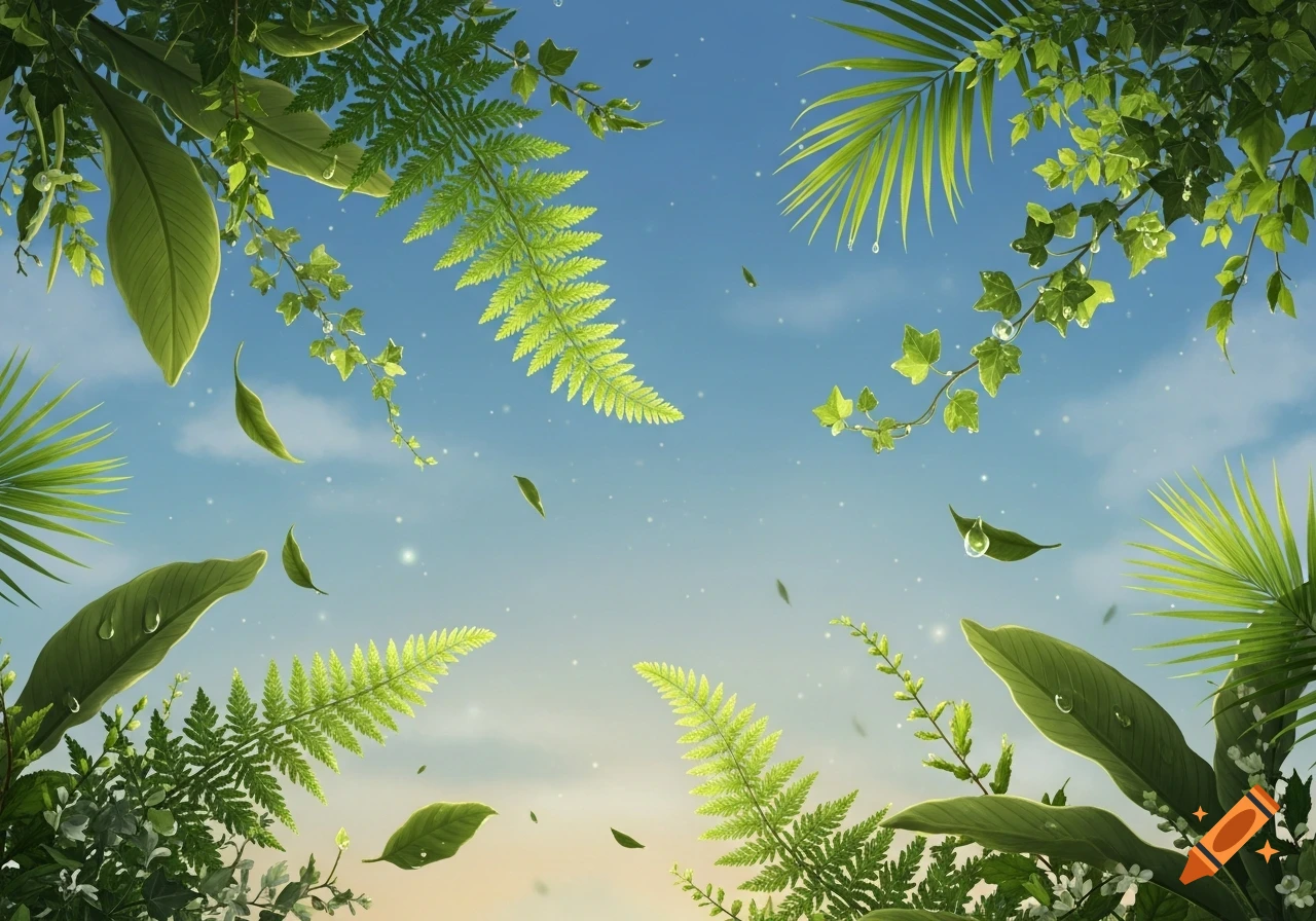 Lush green leaves and ferns with water droplets float against a bright blue sky with faint clouds and subtle light specks.
