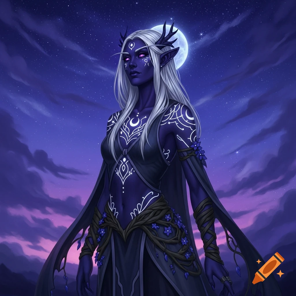A dark purple-skinned Drow elf druid with white hair and glowing tattoos stands against a starry night sky with a full moon, fantasy art.