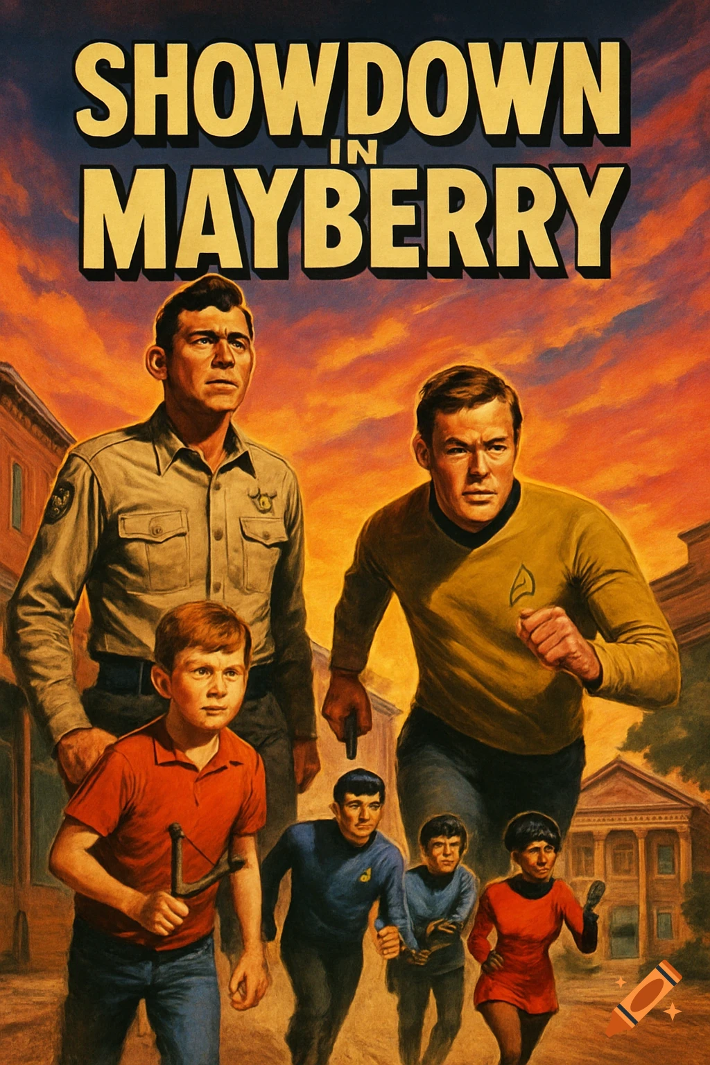 A vintage movie poster featuring Andy Taylor, Opie, and Captain Kirk leading Starfleet crew running through a town square. Title: Showdown in Mayberry.