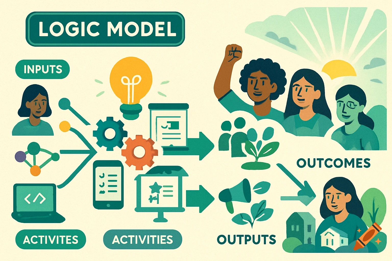 A colorful infographic illustrating a logic model with sections for ...