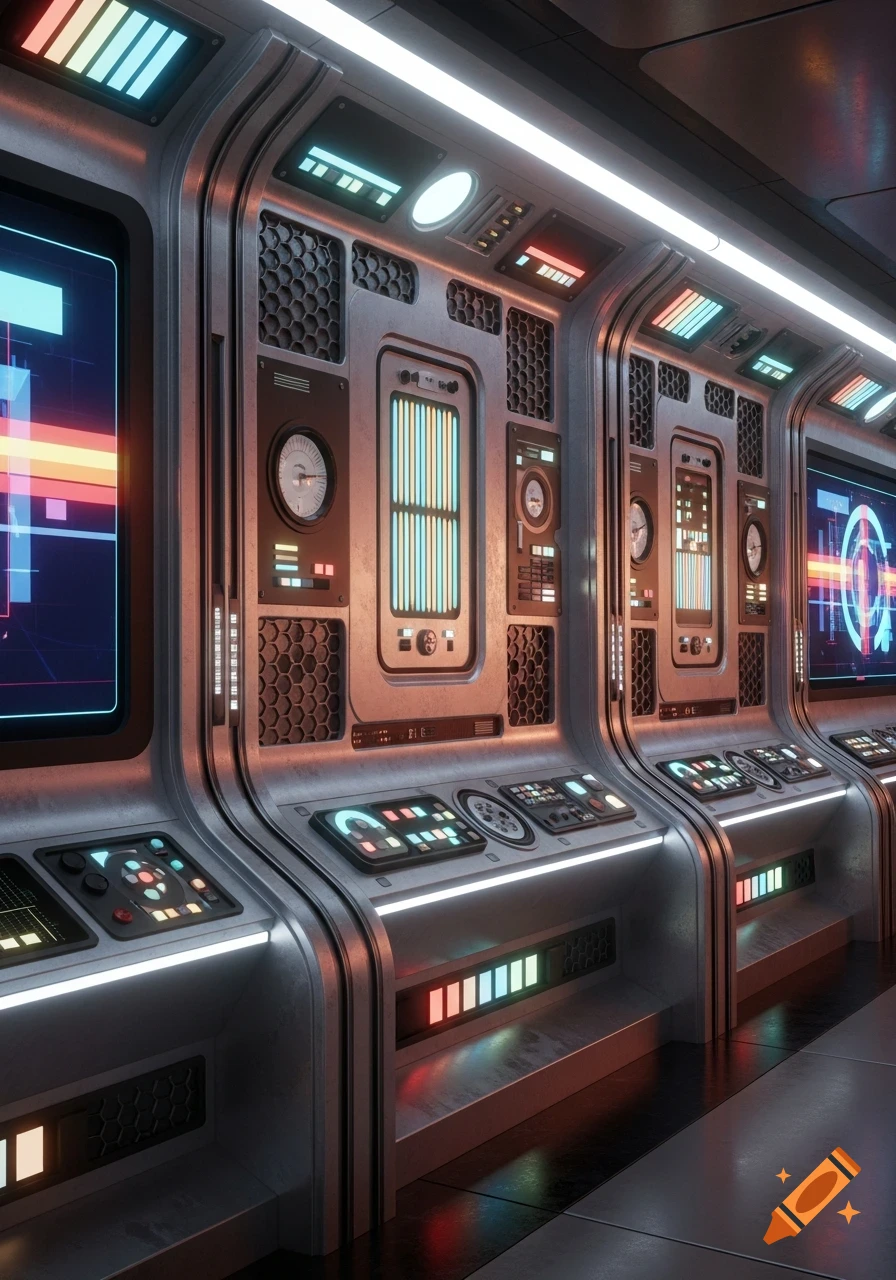 A stylized retro-futuristic control room with glowing panels, screens, and buttons along a wall.