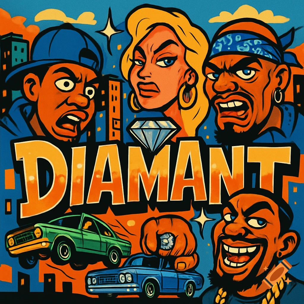 Vibrant street art style illustration featuring three exaggerated cartoon faces, a diamond, and two cars, with the word 'DIAMANT'.