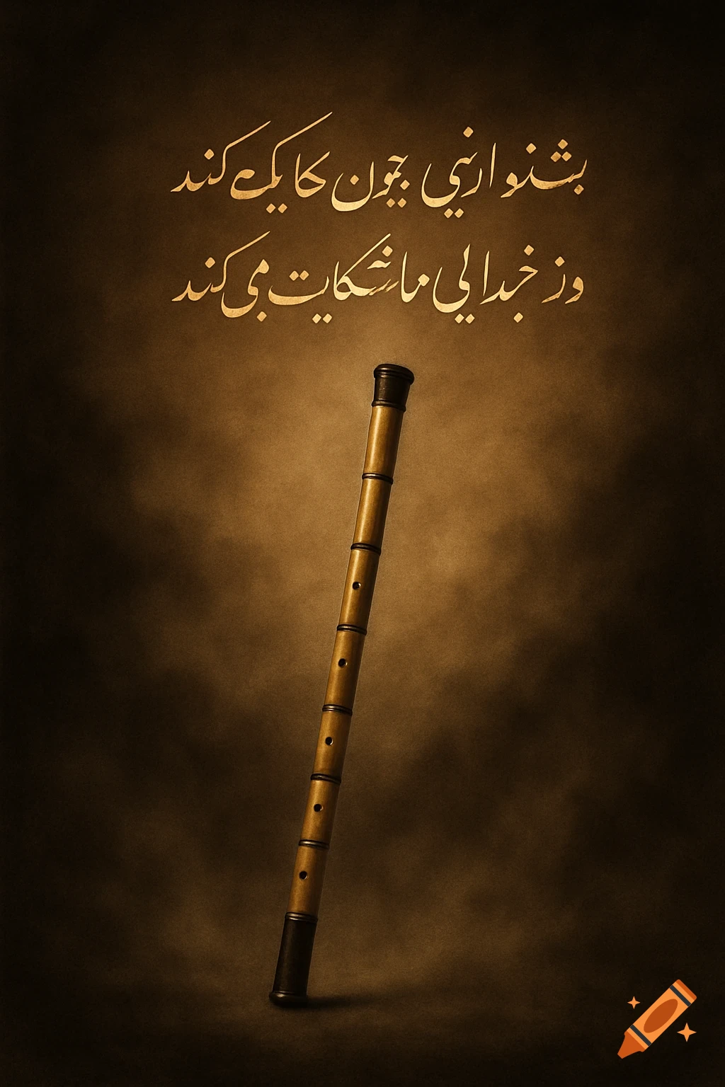 A golden Ney flute stands vertically in a dark, misty brown background, with elegant golden Persian calligraphy at the top.