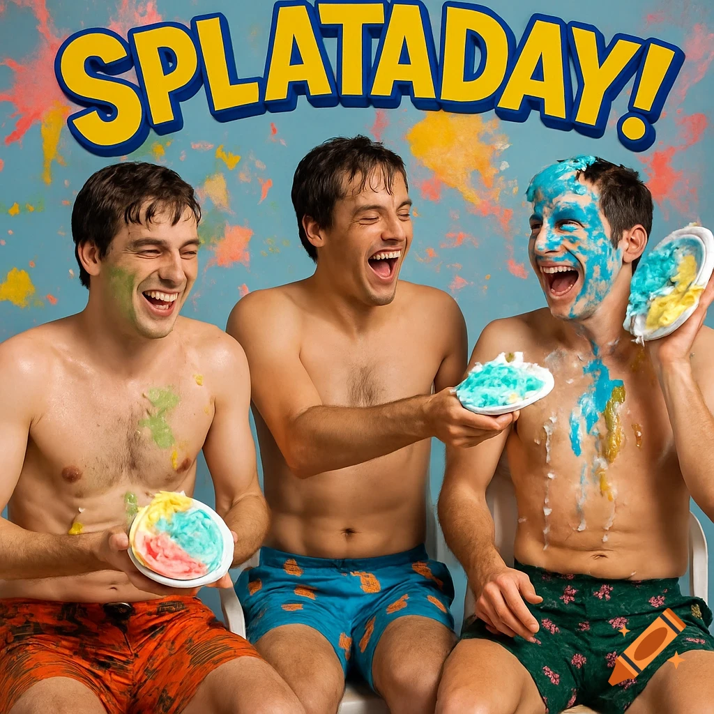 Three laughing shirtless men in swim shorts covered in colorful whipped cream have a pie fight under a "SPLATADAY!" sign.