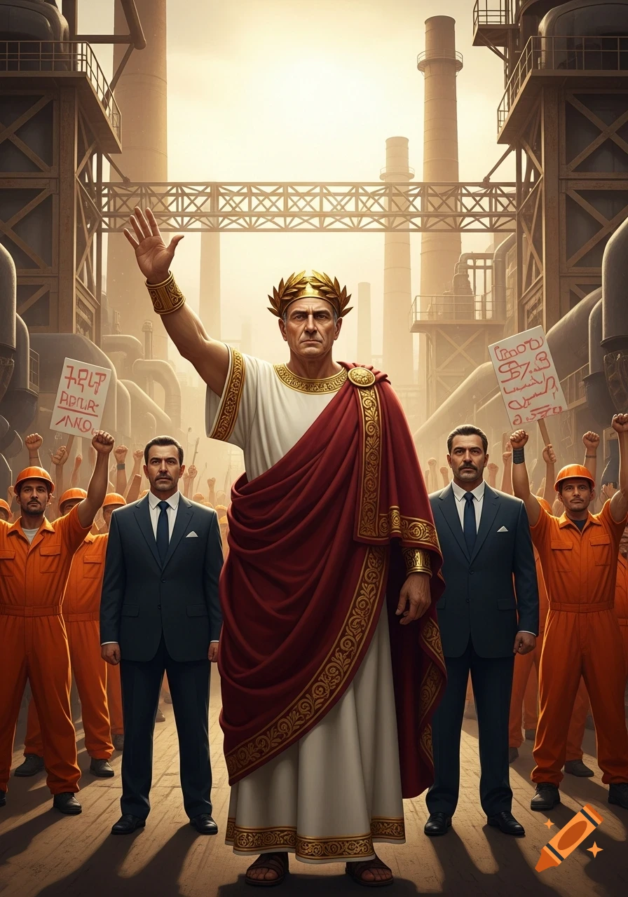 A man dressed as an emperor with a laurel crown raises his hand, flanked by men in suits and protesting factory workers.