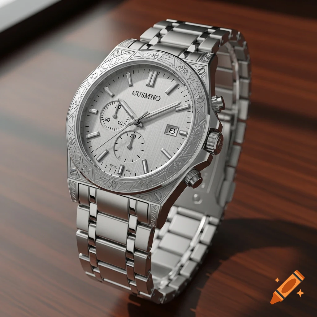 A detailed silver wristwatch with a metal band and an engraved bezel sits on a polished wooden surface.
