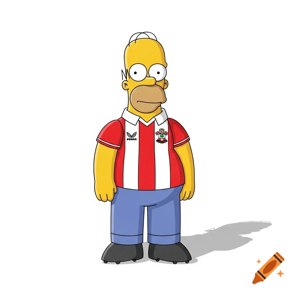 Homer Simpson with a serious expression, wearing a red and white striped Southampton soccer club shirt, in The Simpsons art style.